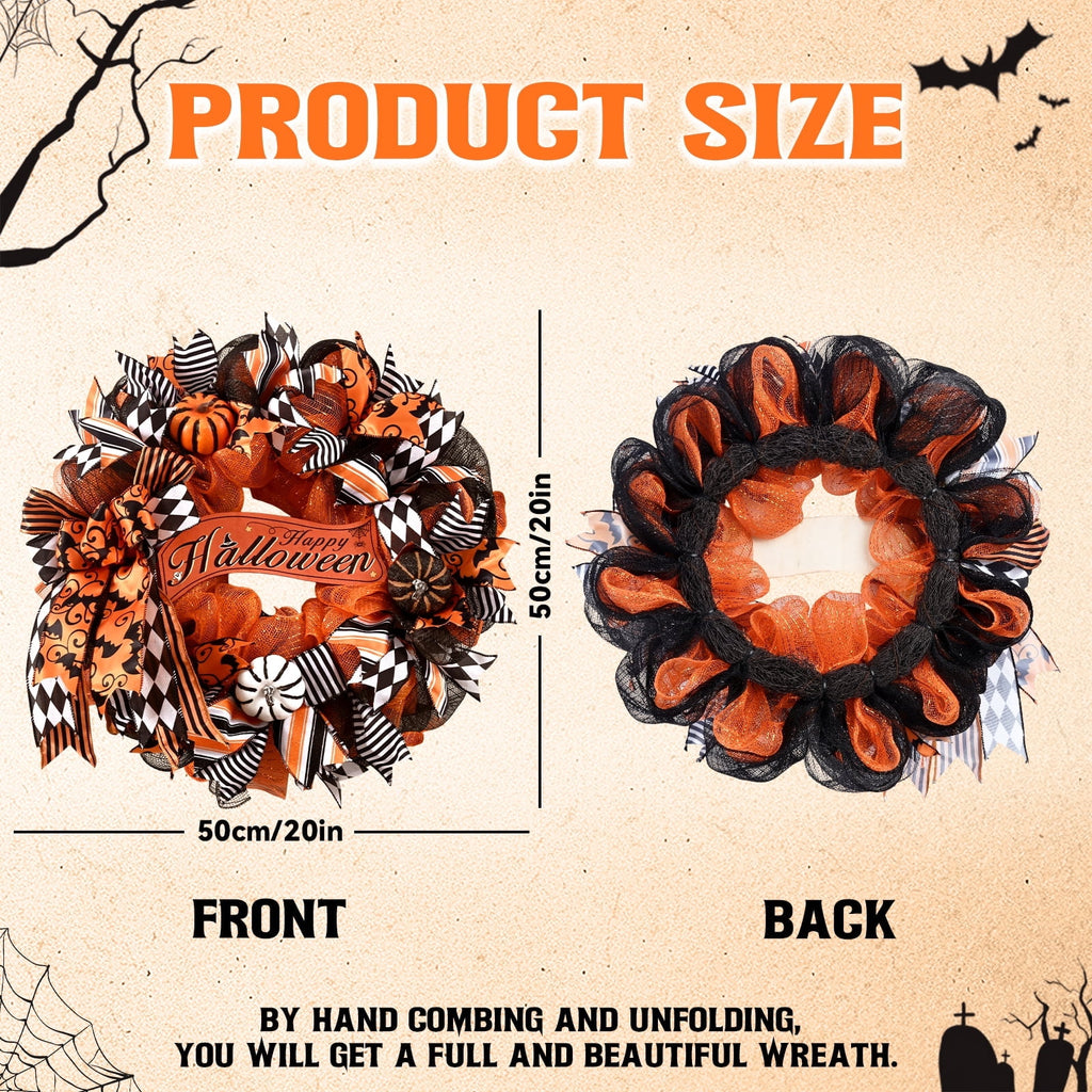 Yastouay 20" Halloween Wreath for Front Door Orange Black Mesh Wreath with Pumpkins "Happy Halloween" Fall Harvest Decor for Party