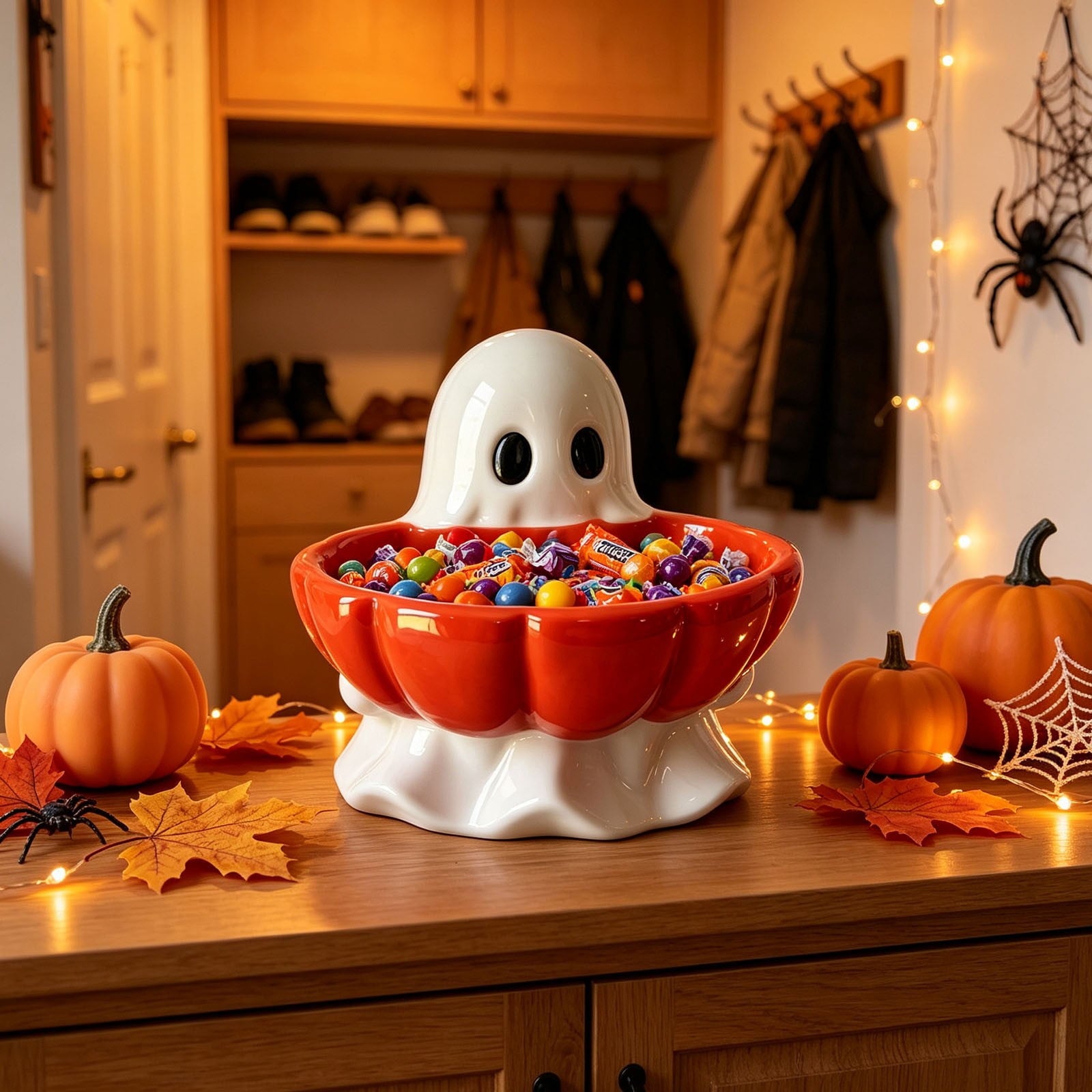 Pink Halloween Decor Ghost Candy Bowl Figurine with Bow and Scalloped Holder for Indoor Tabletop Decor and Party Favor Display