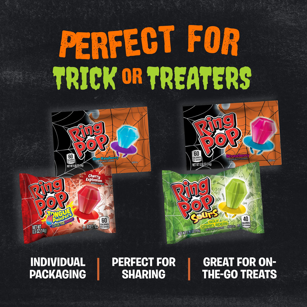 Halloween Ring Pop, Assorted Flavor Lollipops, Display Tray, 8.4 oz, 24 Count Box