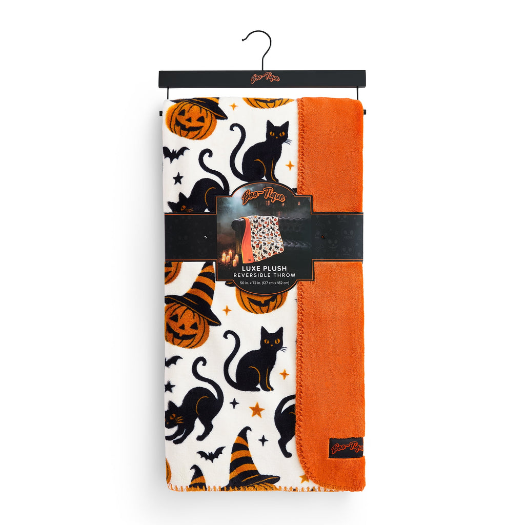 Boo-tique Halloween Plush Soft Oversized Couch Throw Blanket, Cats and Pumpkins, Orange, 50 x 72 in