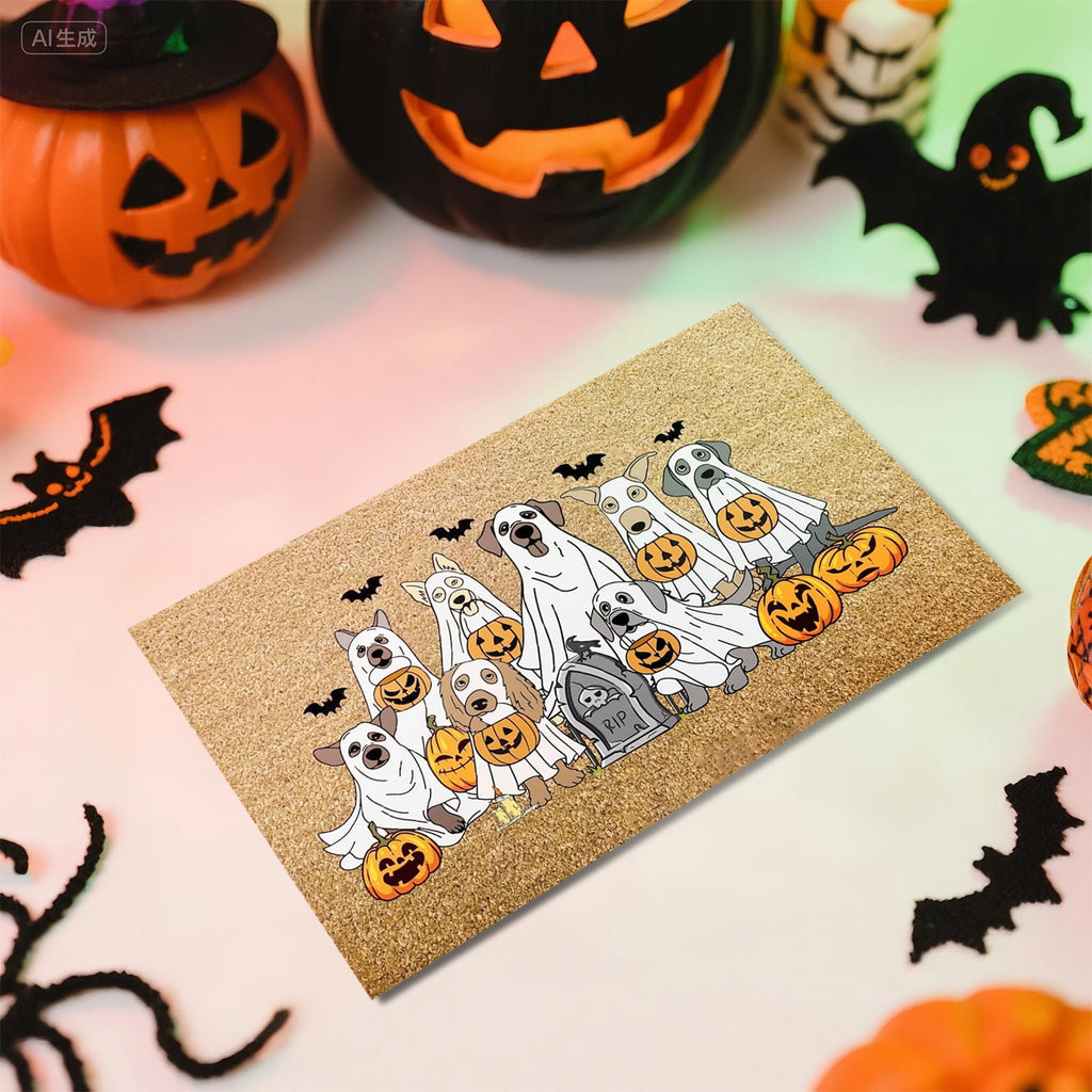 QLUEWX Halloween Doormat 24x16 Inch, Ghost Dog Pumpkin Natural Coir Front Door Mat, Non-Slip Absorbent Entrance Rug, Spooky Fall Decor Floor Mat for Porch Bathroom