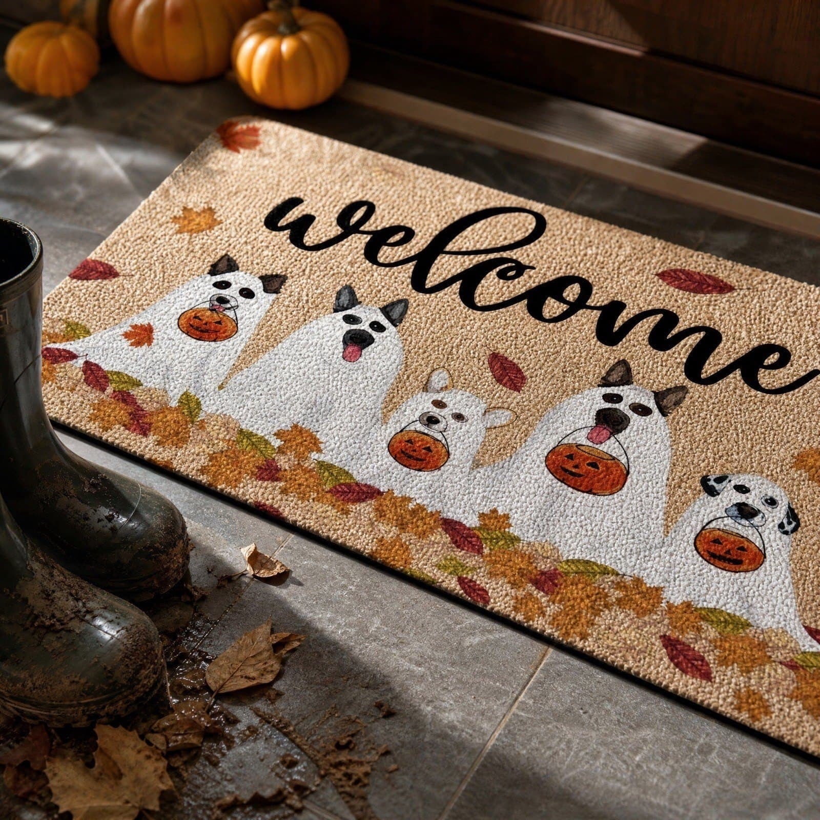 Bklubk Welcome Ghost Dog Pumpkin Maple Leaf Halloween Front Door Mat Fall Season Entryway Decor Rug