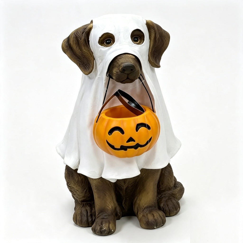 Clearance Halloween Schnauzer Bat Figurine with Ghost Bucket, 8 inch Resin Cute Dog Gifts Tabletop Decor