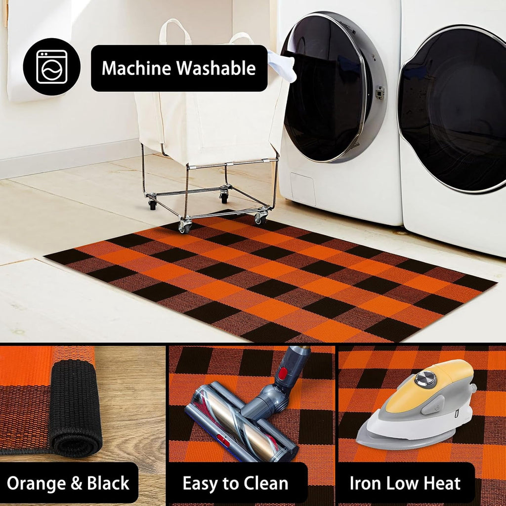 HearthHarmony Buffalo Plaid Area Rugs 2x3 Ft Brown and Black Checkered Rugs Washable Front Door Mat Hand Woven Cotton Outdoor Small Rug for Front Porch Kitchen Entryway Patio Bathroom