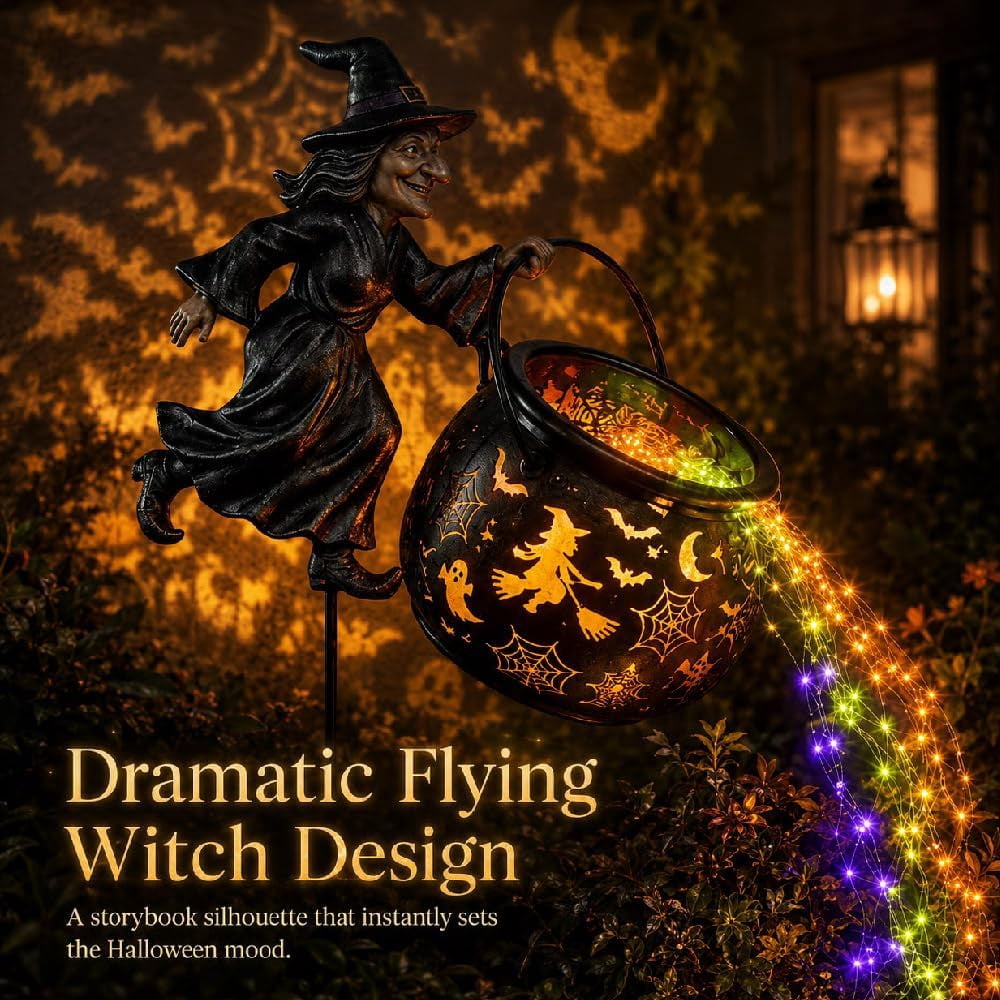 Light up Halloween Decor - Witch Cauldron Garden Light with Stake, Multicolor Potion Cascade & Cutout Shadow Projection, Outdoor Yard for Porch Lawn Patio, Party & Seasonal Display
