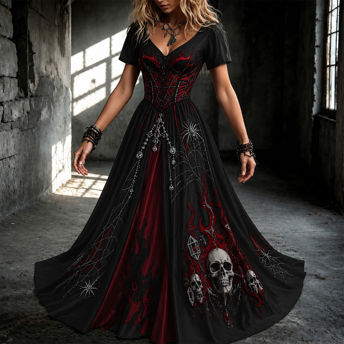 KICILVS Gothic Clothes For Women Black Spiderweb And Spider Print Flowing V Neck Long Maxi Dress Halloween Cosplay Gothic Party Dress