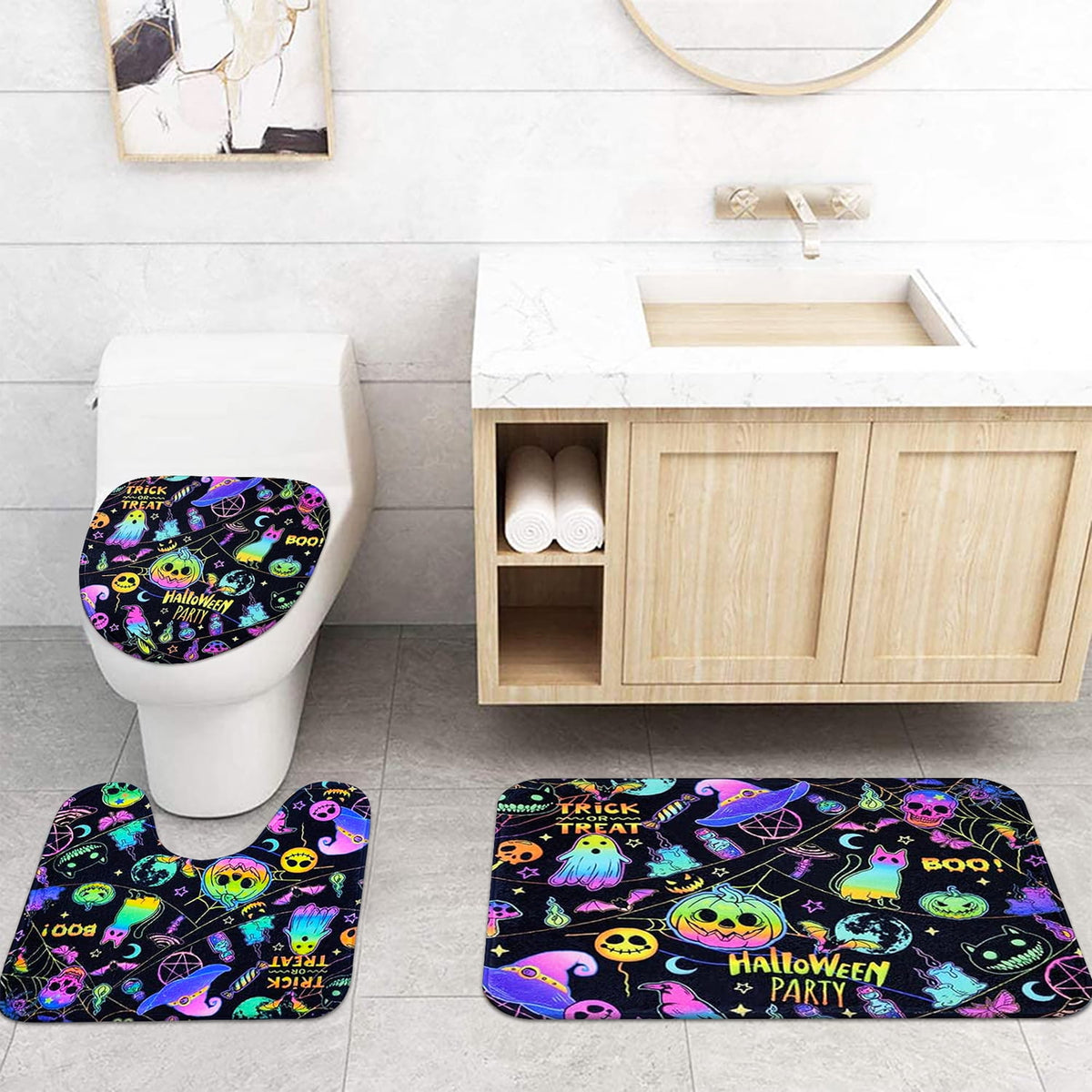 FRAMICS Halloween Shower Curtain Sets with Rugs, 16 Pc Pumpkin Spooky Ghost Bathroom Sets, Black Waterproof Fabric Shower Curtain with 12 Hooks and Toilet Rugs