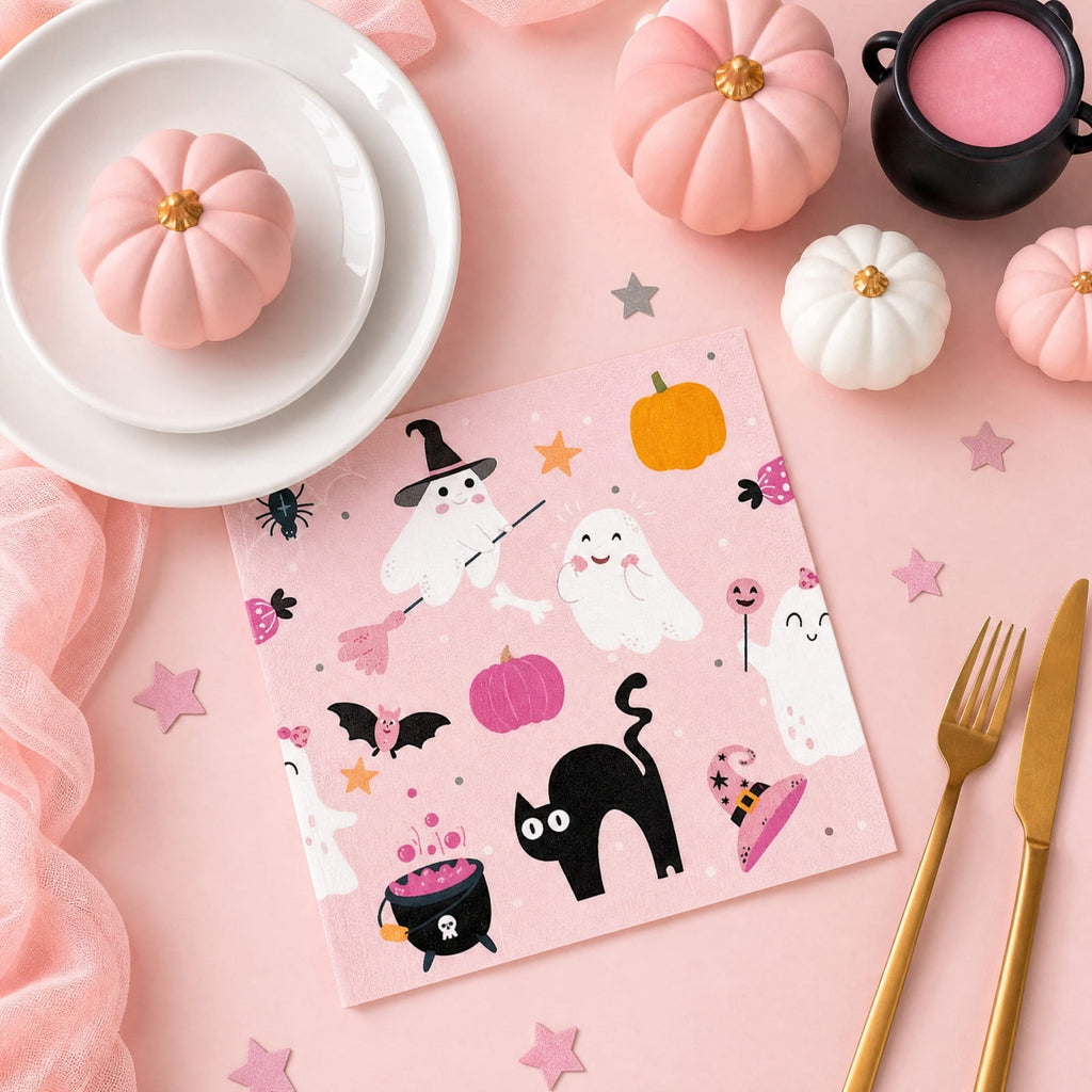 Miwamany Pink Halloween Paper Napkins 20pc, Disposable Ghost Party Tableware, Festive Spooky Luncheon Napkins for Home Kitchen Dining Decoration
