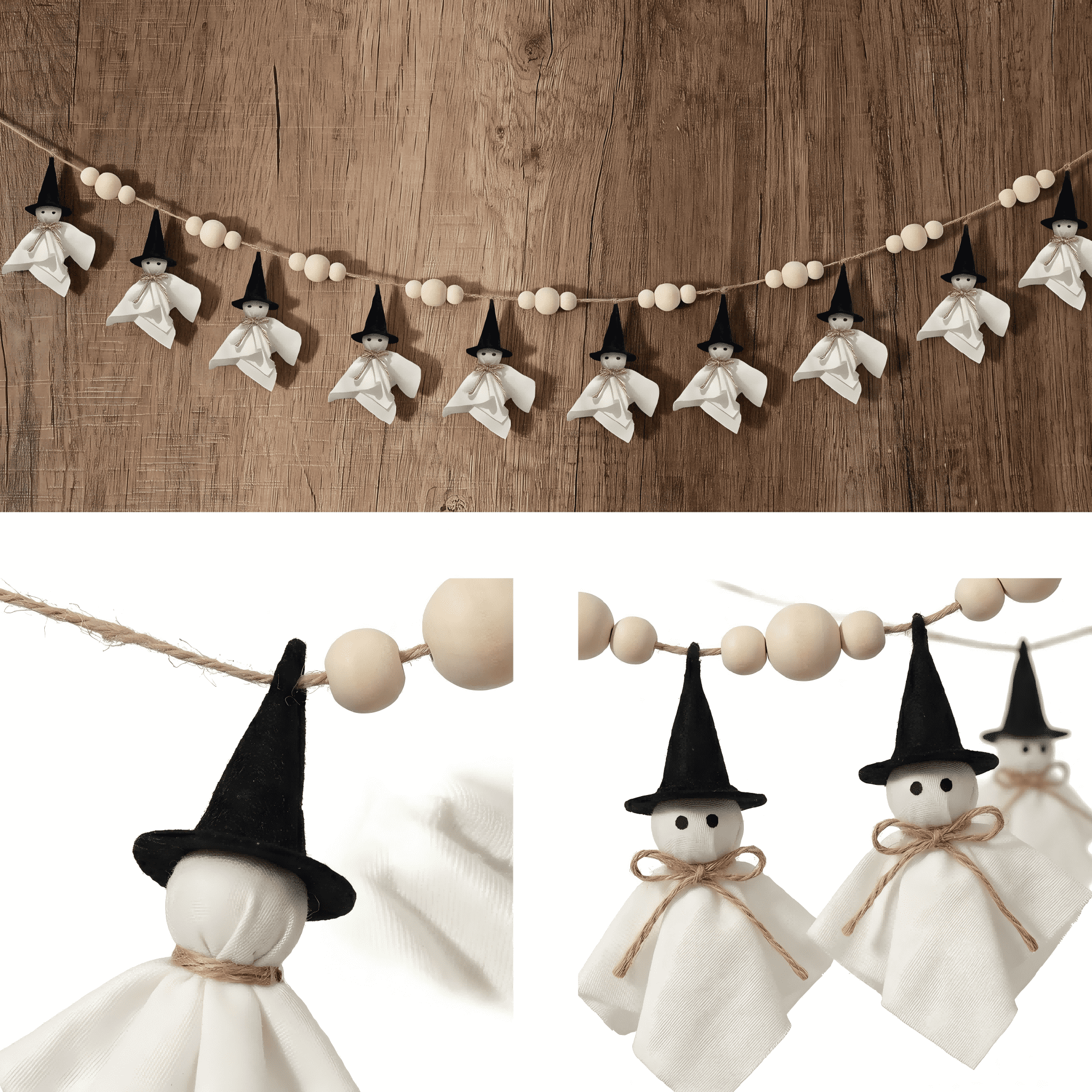 84 Inch Halloween Ghost Banner with Witch Hat, Rustic Wooden Bead Ghost Banner, Halloween Hanging Decor for Fireplace, Mantel, Wall, Party & Home