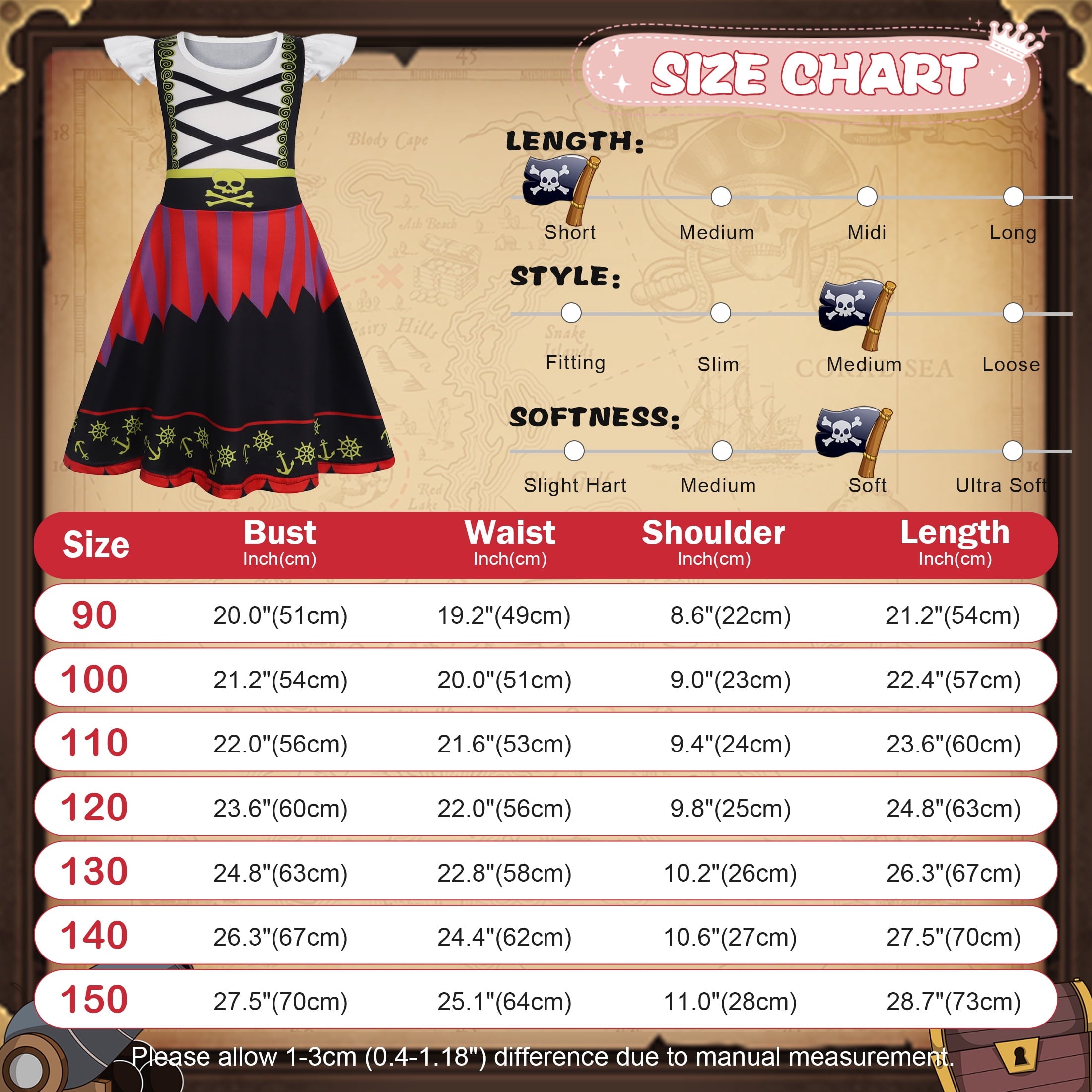 Benylion Girls Pirate Costume for Kids Halloween Party Dress Up Toddler Pirate Christmas Cosplay Outfit with Accessories for 5-6 Years
