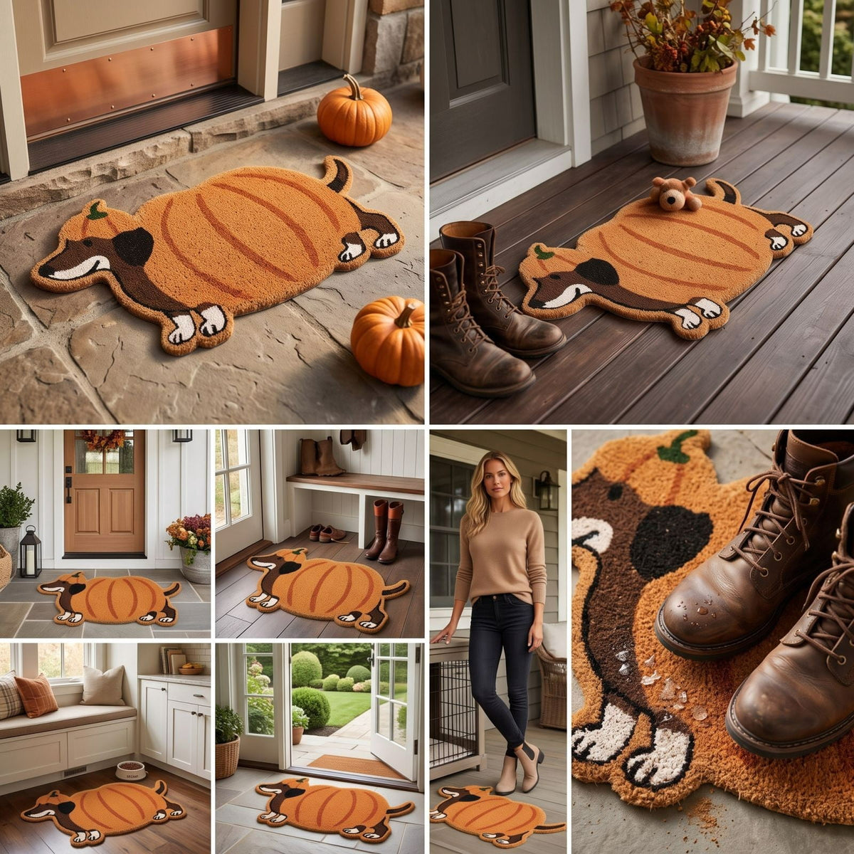 Halloween Dachshund Door Mat, 30"×18" Non-Slip Pumpkin Dachshund Floor Rug, Mat for Home Porch Fall Decor & Pet Lover Housewarming Gift