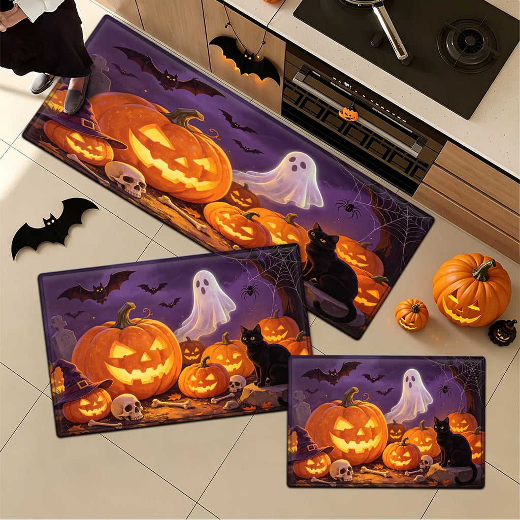 YIMEIS Halloween Pumpkin Lantern 3Pcs Flannel Mat & Kitchen Rugs Set,16''×24'' 20''×30'' 17''×47'' Inches,Soft Non-slip for Home Bathroom