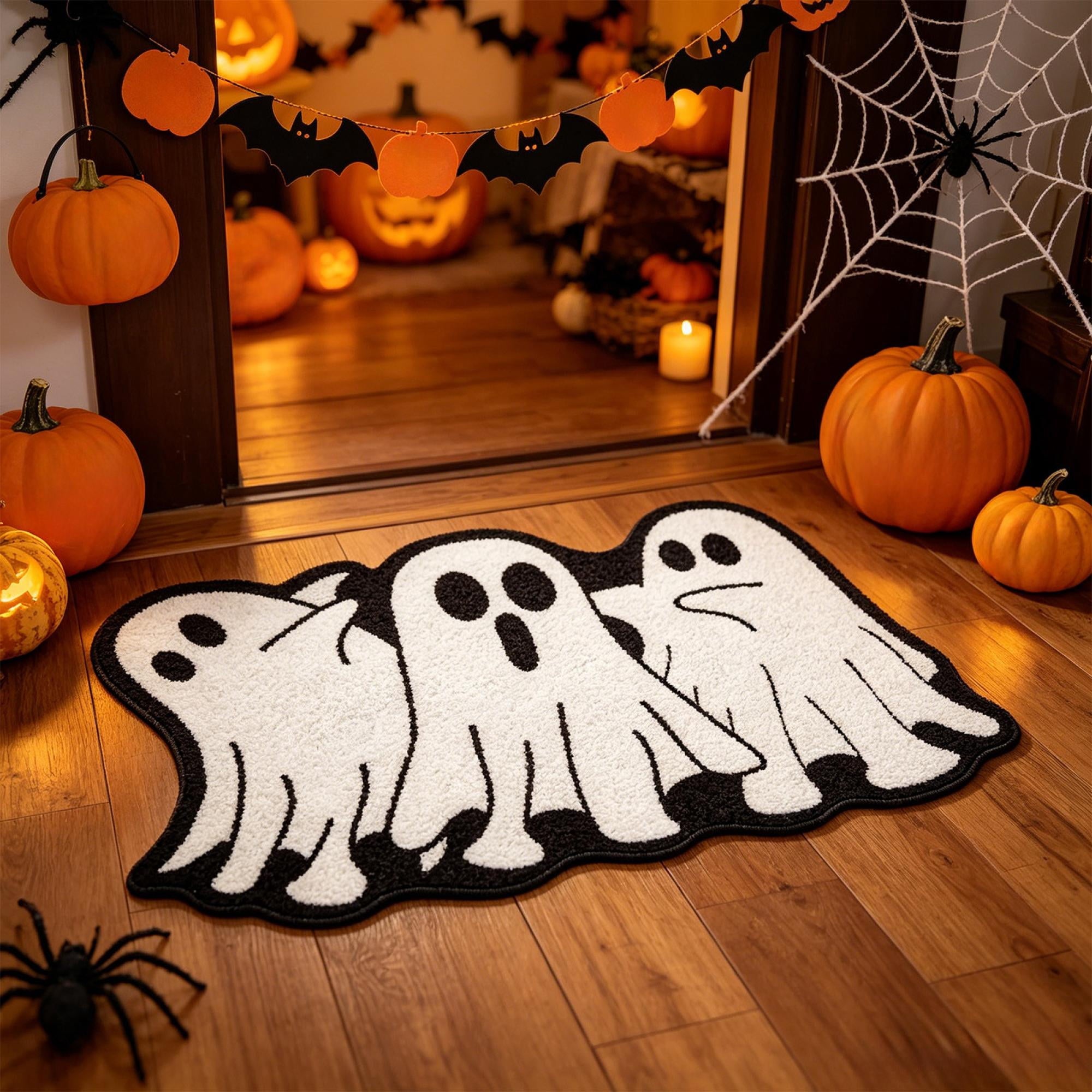 Halloween Wreath Shaped Rugs, Soft Indoor Mat for Entryway, Kitchen, Halloween Party, Pumpkin Witch Spooky Home Decor, 23.62x15.75 Inches