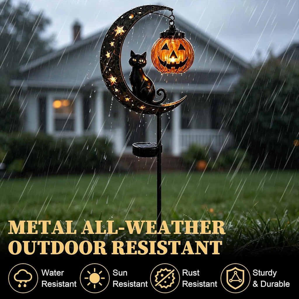 Solar Halloween Black Cat & Pumpkin Moon Garden Stake Light | Waterproof Metal Black Cat Yard Ornament, Auto On Off Solar Outdoor Light, Fall Halloween Decor Stake for Lawn Patio Pathway