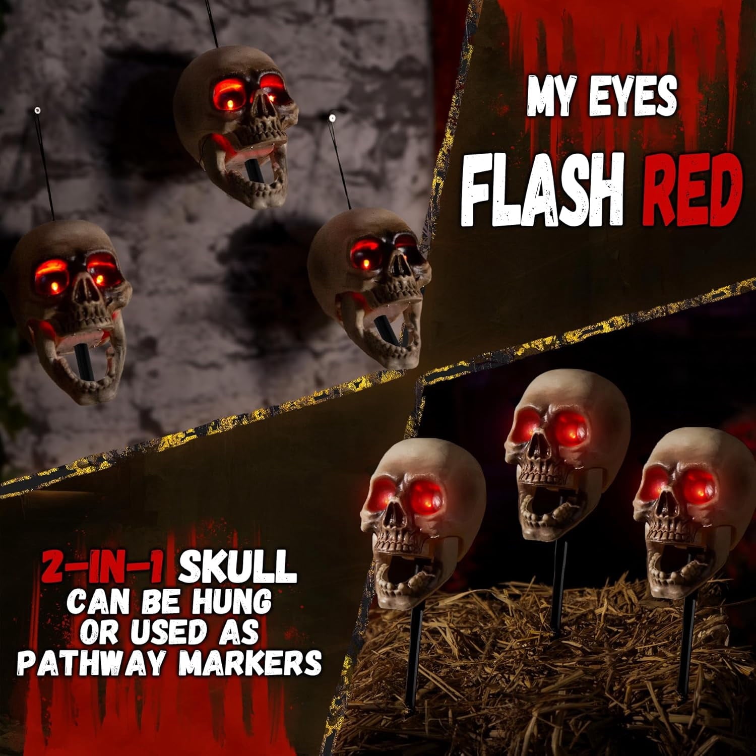Halloween Animatronics Skull Stakes Pathway Markers, Hanging Animated Decorations, Floating Scary Skeleton with Sound Activated, Talking, Light Up Eyes, Haunted Horror Prop for Indoor, Outdoor (3Pack