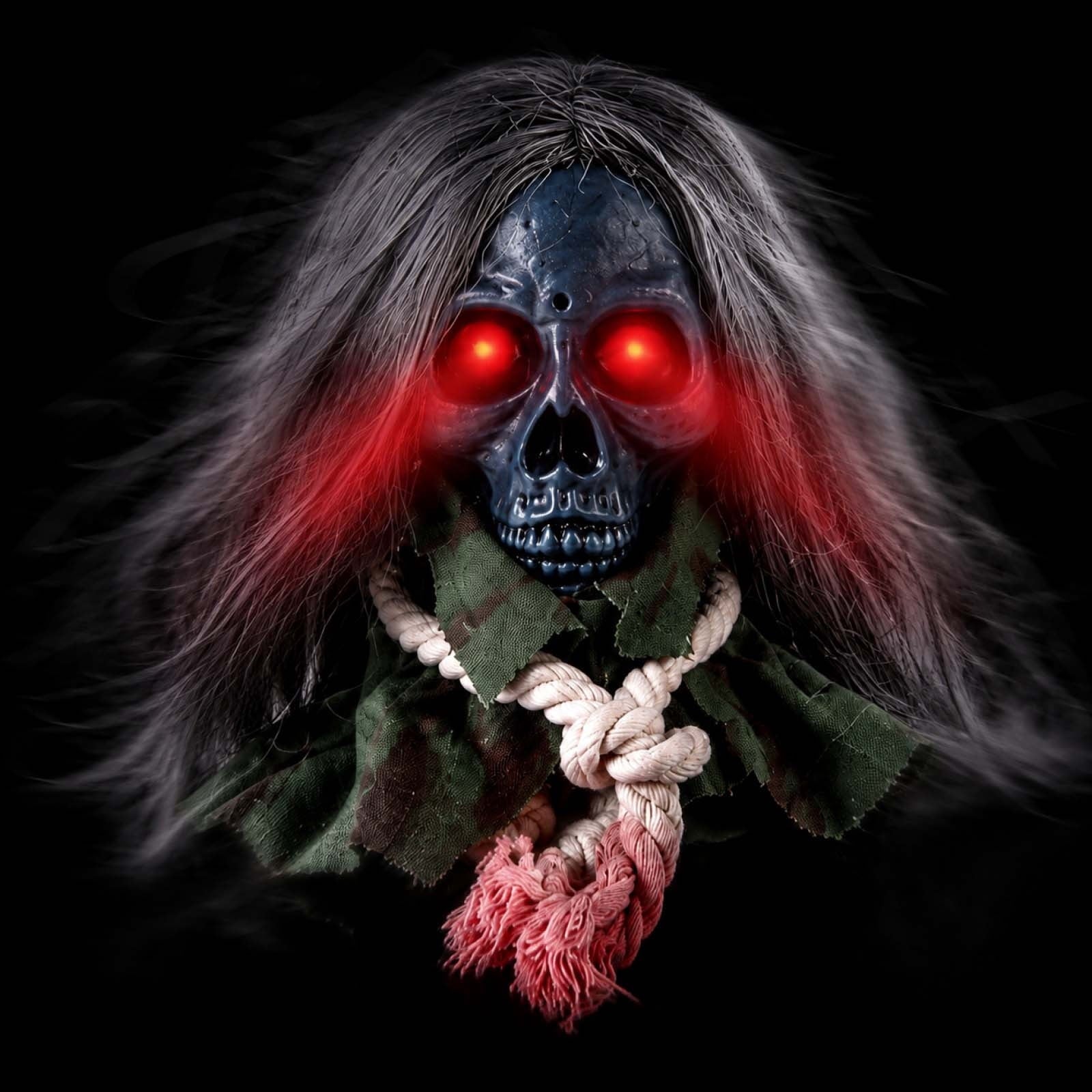 Animated Walking Skull Head with Light-Up Red Eyes Creepy Moving Halloween Prop with Long Grey Hair Horror Music Motorized Resin Decoration for Party Yard Indoor Outdoor Spooky Decor Gift