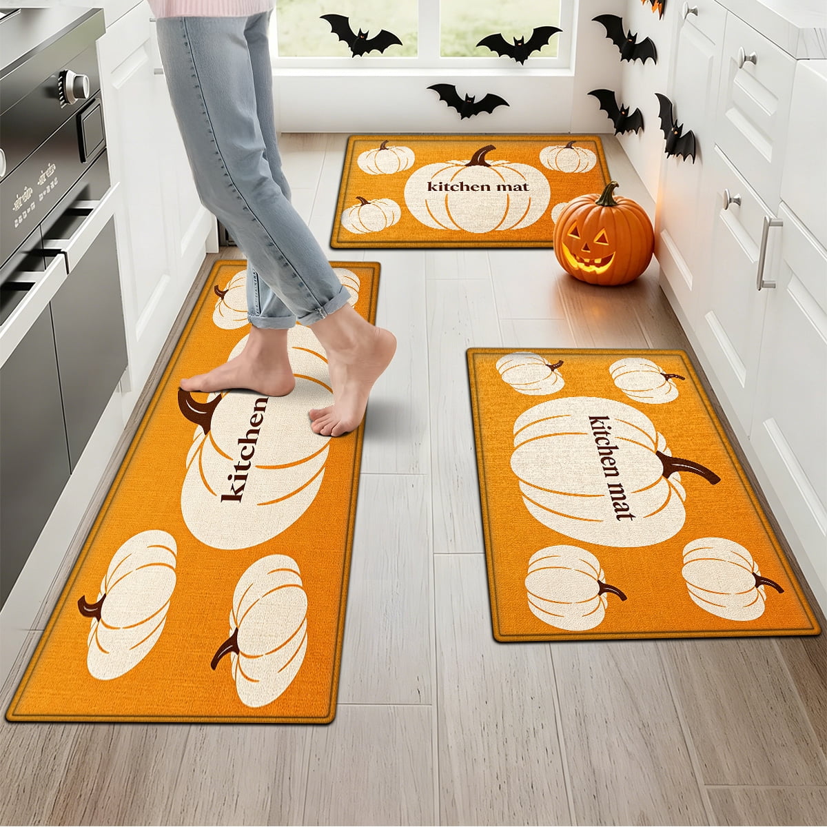 YIMEIS Halloween White Pumpkin Multi-purpose 3-Piece Flannel Mat and Kitchen Rugs,Soft Non-slip for Home Bedroom Bathroom