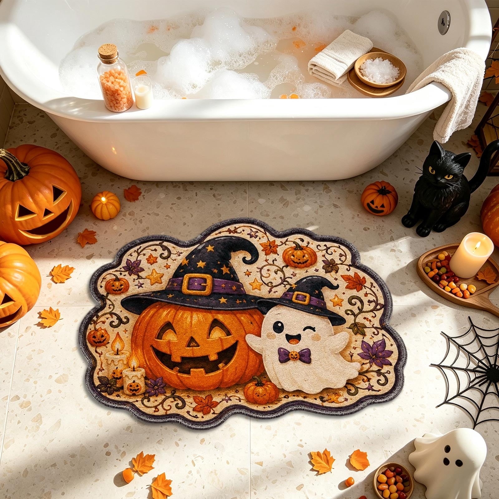 Halloween Doormat Ghost Bath Mat 23.6x15.7in Secure-Grip Absorbent Soft Faux Fur Rug for Bathroom Bedroom Living Room Decor by OVFUIZ