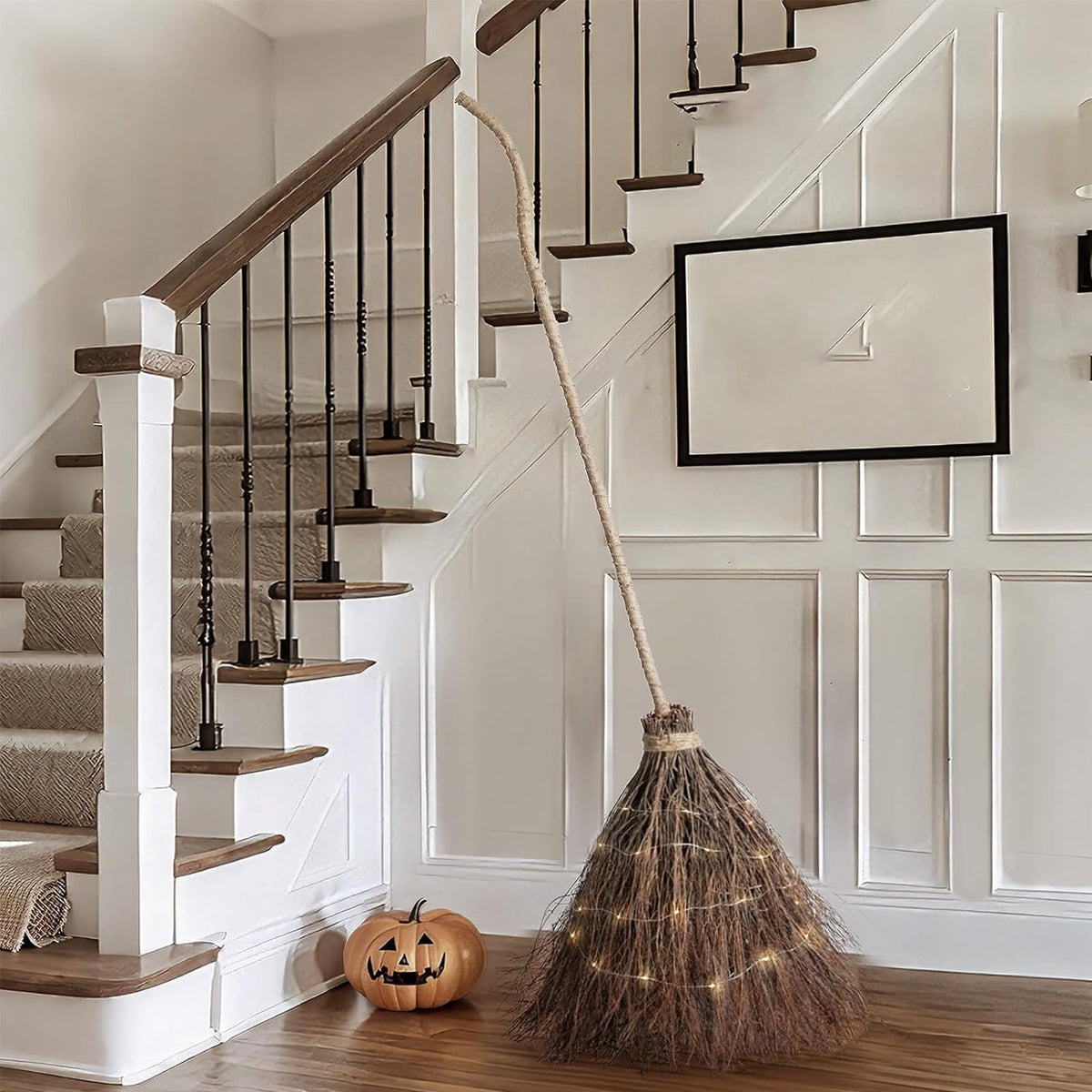 Halloween Decoration Indoor, 5.5 Ft Giant Light-Up Witches Broom, Rustic Halloween Decor for Porch, Yard, Front Door
