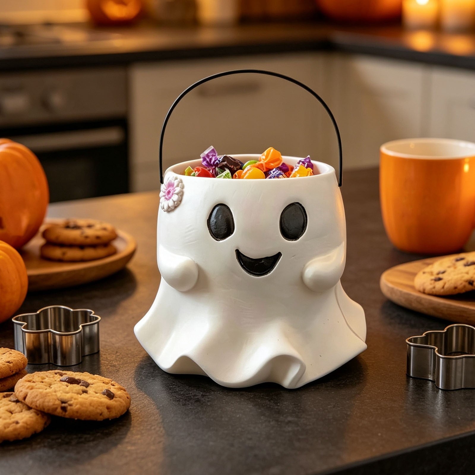 Diceymbol Halloween Pumpkin Snack Bowl Stand Collapsible Broomstick Candy Tray for Cupcakes & Desserts, Resin Serving Platter with Ceramic Pumpkin Bowls