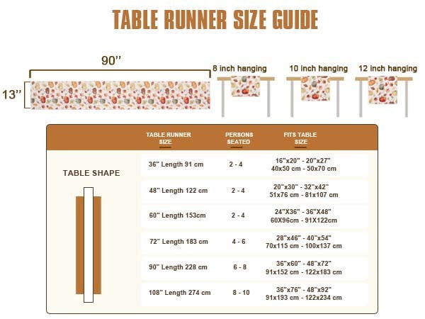 OVZME Joyce Fall Leaves Table Runner for Kitchen Dining Table, Thanksgiving Autumn Printed Harvest Pumpkins Maple Leaves for Halloween Holiday Home Decorations, Water-Proof, Washable, 13" W x 90" L