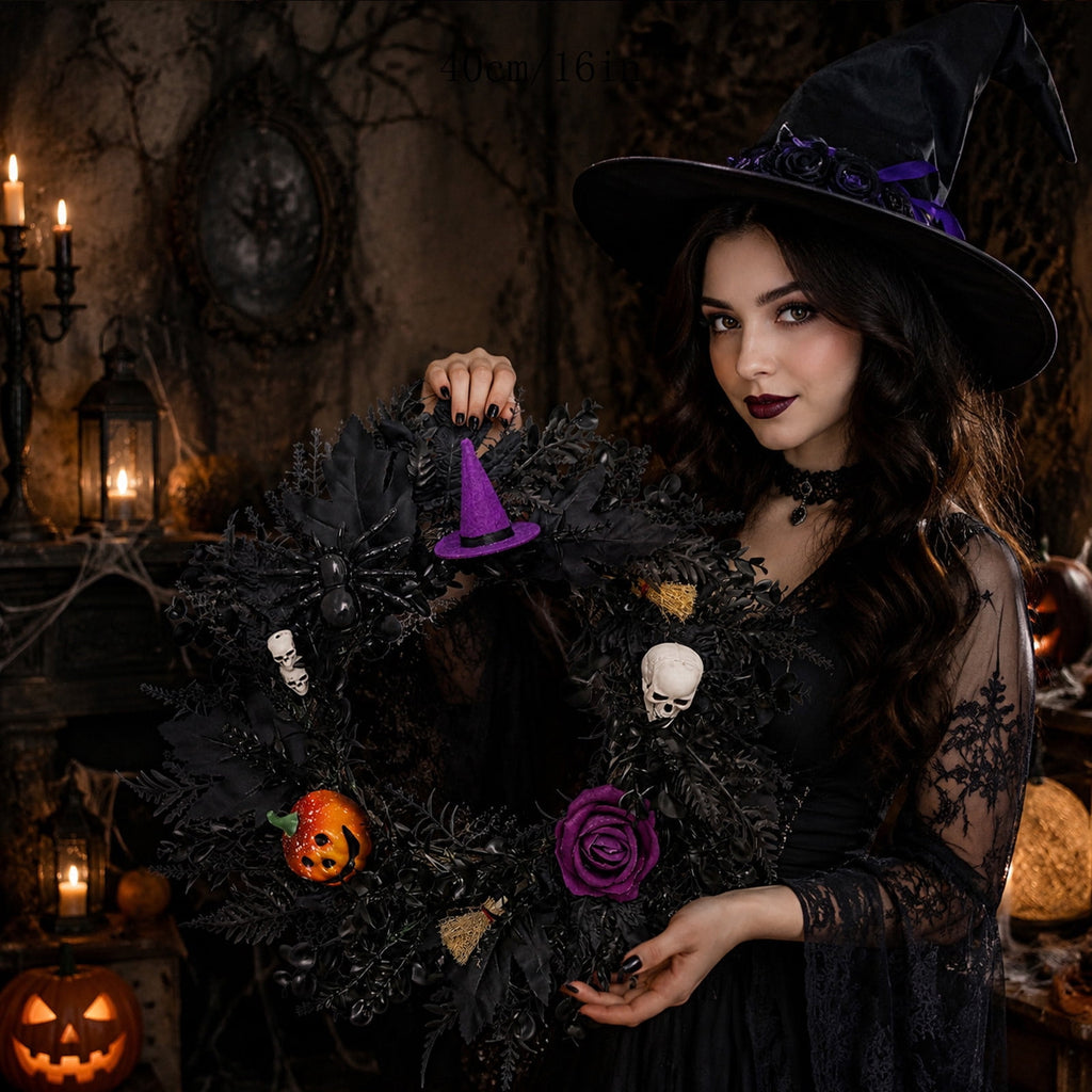 Boovnll Halloween Wreath, 18" Horror & Novelty Handmade Black Twig Glitter Bats Halloween Wreaths for Front Door Fireplace Wall Porch Party Decor, Halloween Decorations