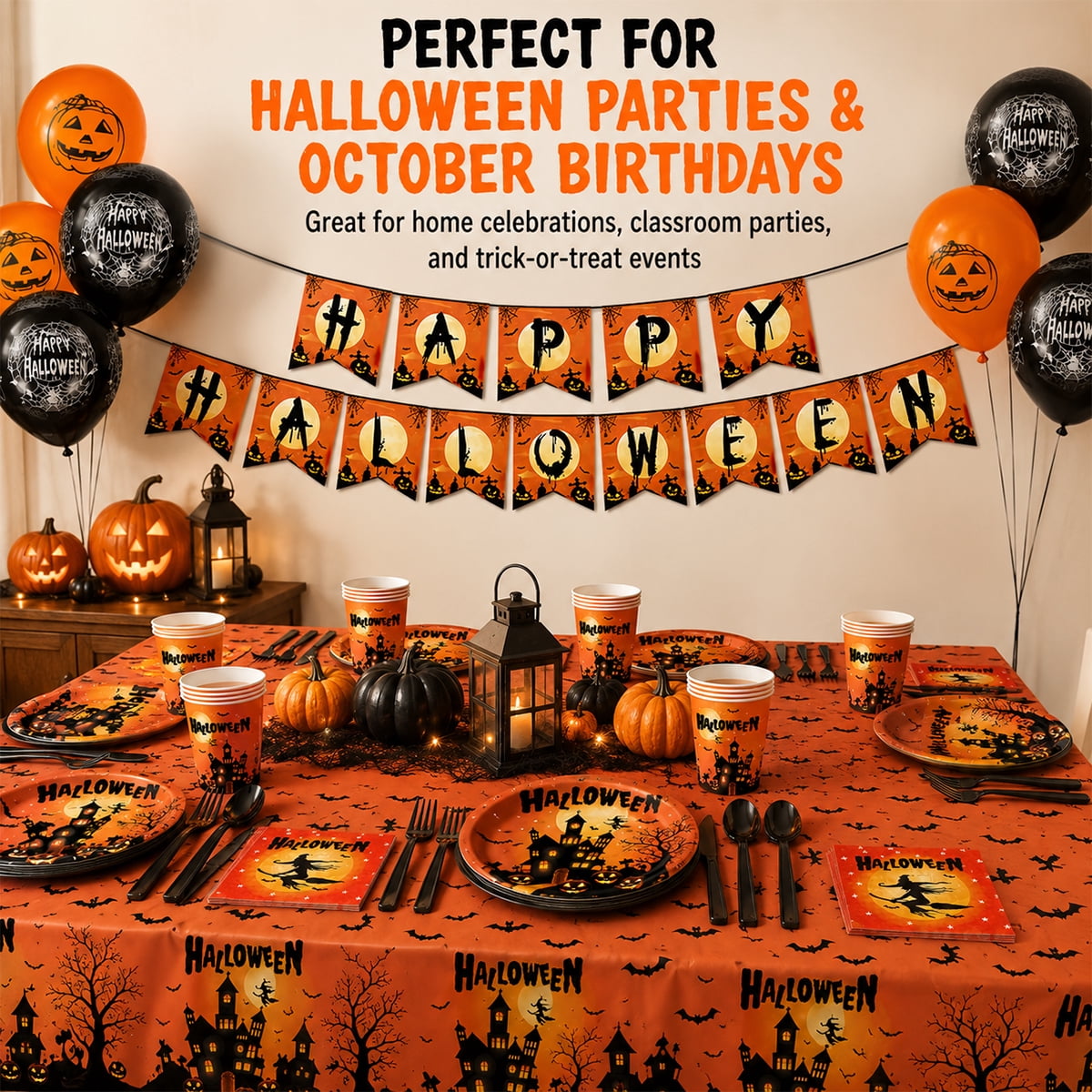 Halloween Paper Plates for Halloween Party Decoration Disposable Cups Napkins Table Cover Balloons Banner for Halloween Birthday Party Supplies Serve 20 Design2