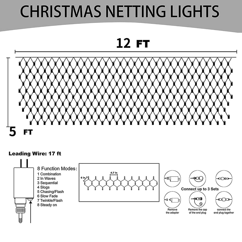 Dazzle Bright Christmas Net Lights, 360 LED 12FT x 5 FT Transparent Wire Waterproof Connectable String Lights with 8 Modes Christmas Outdoor Lights for Bushes Garden Party Holiday Decoration (Green)