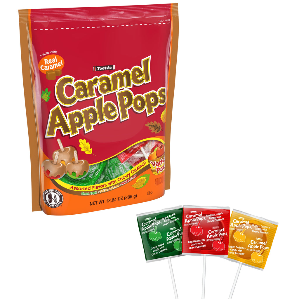 Tootsie Caramel Apple Pops, Variety Apple Flavored Lollipops, 13.64oz. Gluten Free and Peanut Free. Contains Milk and Soy.