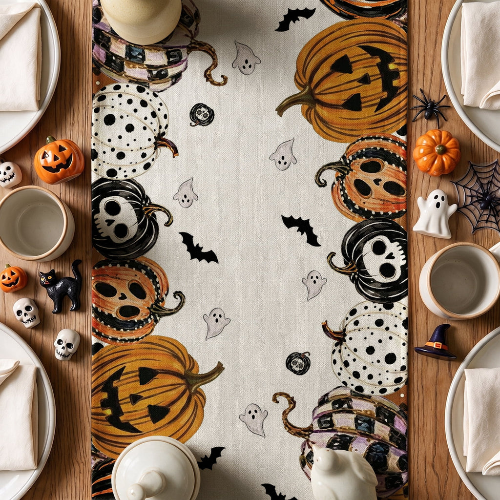 Sm:)e Halloween Table Runner Ghost Pumpkin 13x72 Inch, Halloween Party Kitchen Dining Indoor Outdoor Decorations,Orange