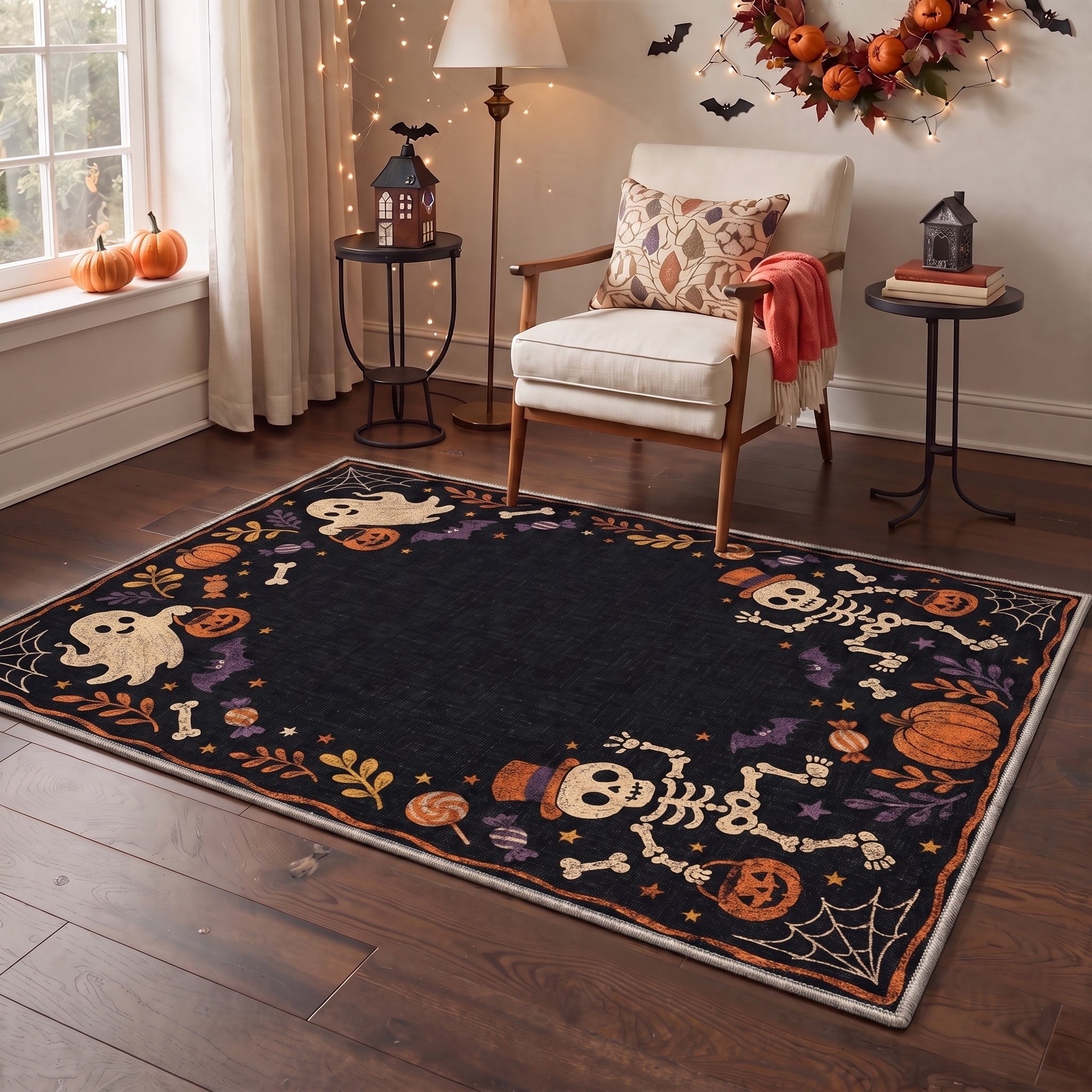 GENIMO 2'x7' Halloween Runner Rug, Washable Non Slip Soft Vintage Witch Indoor Outdoor Hallway Runner for Porch Patio Kitchen Entryway, Vintage Black
