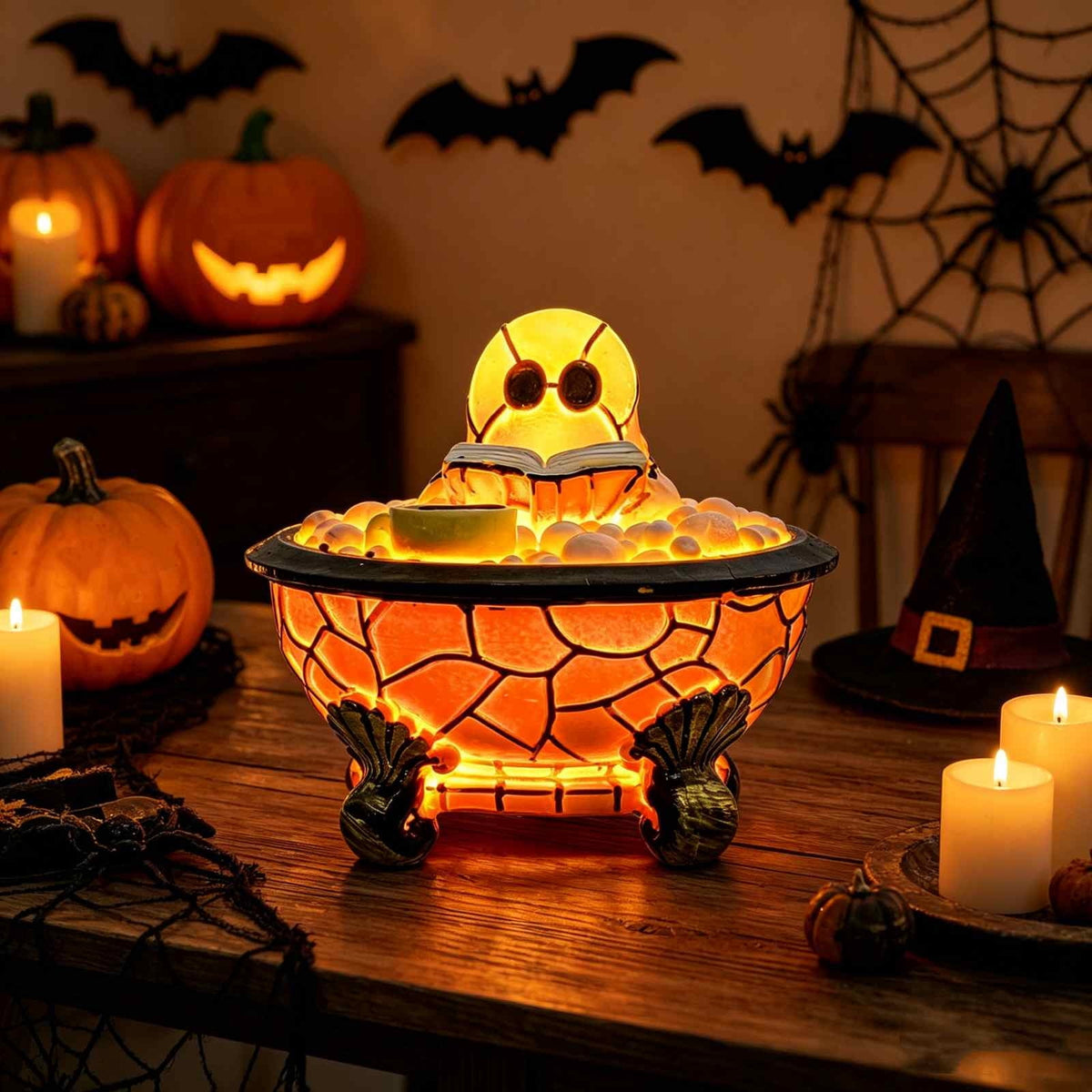 Fwttom Ghost Night Light, Halloween Lights Cute Ghost Reading Book Lamp, Halloween Decorations Indoor Light Up Ghost Statue Ghost Light for House Mantel Bedside