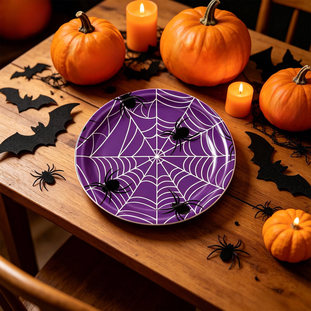 24 Pack Halloween Disposable Tableware Set, Spider and Cobweb Pattern Paper Plates, Halloween Party Supplies Favors