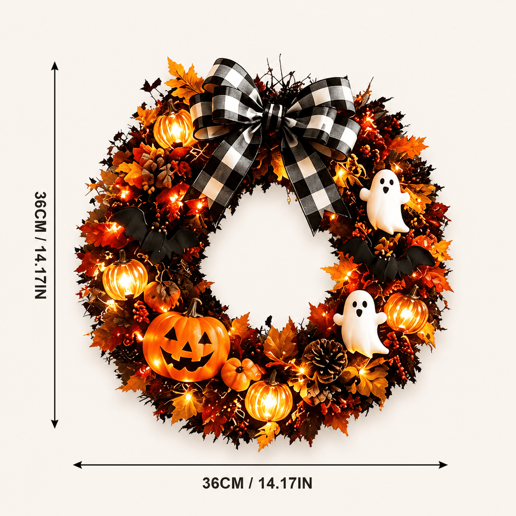 Halloween Pumpkin Ghost Wreath with Lights, 14 Inch Front Door Hanging Decor with Pumpkin, Ghost, Bat and Spiderweb, Indoor Outdoor Party Wall Decoration