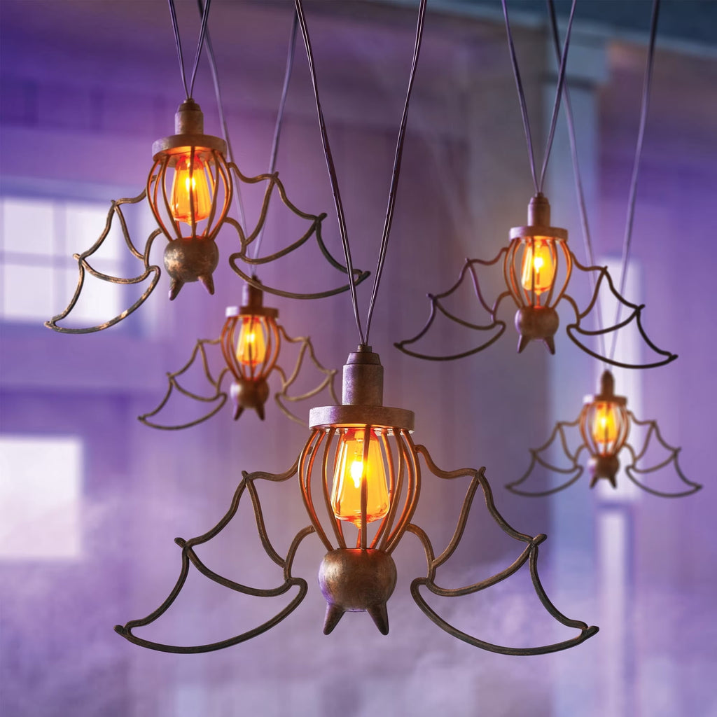 2026 New Halloween Hanging Bat Flame Lights, Vintage Metal Frame Lantern with Warm Amber Edison Bulb, Indoor Outdoor String Light Decor for Porch Patio Room