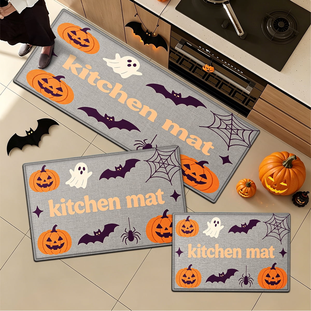 YIMEIS Halloween Pumpkin Lanterns 3Pcs Flannel Mat and Kitchen Rugs Set,Soft Non-slip,Perfect for Home Bathroom