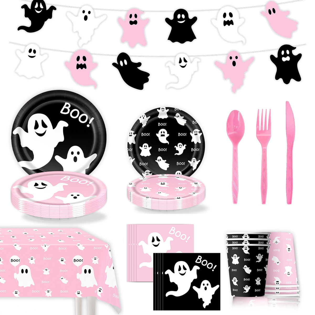 50/73/93Pcs Halloween Boo Party Tableware Supplies Decorations,Spooky Ghost Plates Napkins Boo Ghost Tableware Tablecloth Banner for Halloween Birthday Party Boo Baby Shower Party Supplies