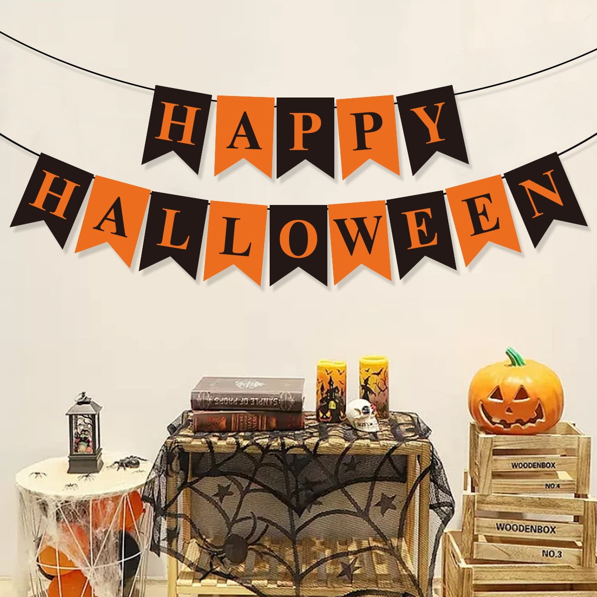 EWSFHUI Happy Halloween Banner Halloween Black and Orange Bunting Banner Garland for Halloween Party Decorations Halloween Decor for Mantle Fireplace Wall Party Supplies