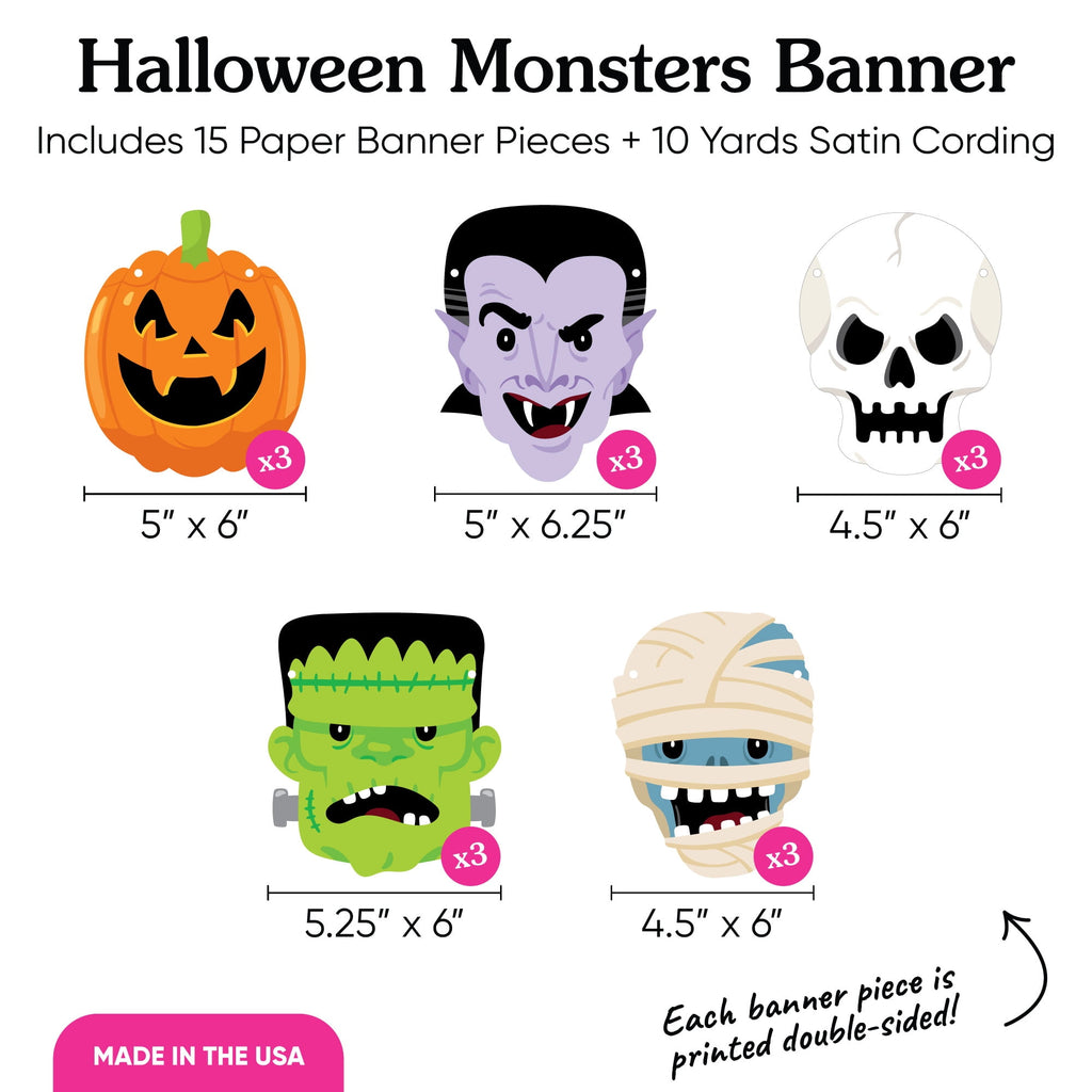 Big Dot of Happiness Halloween Monsters Garland Banner, 30 Feet of Cord, 15 Paper Skeleton, Dracula, Frankenstein, Mummy, and Jack-O'-Lantern Shapes
