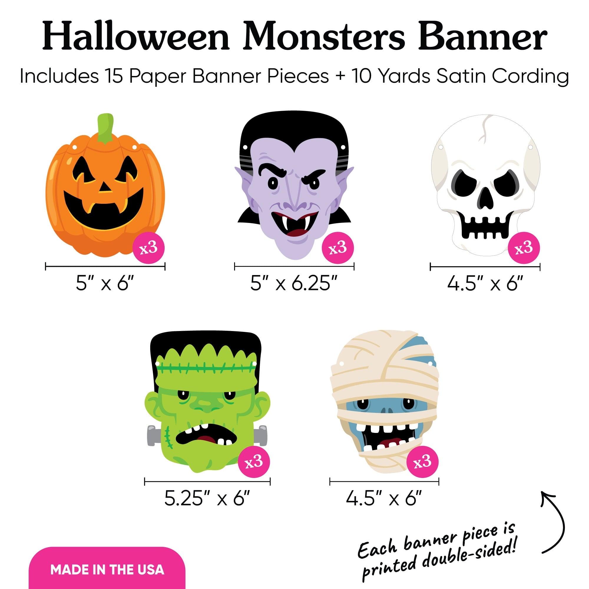 Big Dot of Happiness Halloween Monsters Garland Banner, 30 Feet of Cord, 15 Paper Skeleton, Dracula, Frankenstein, Mummy, and Jack-O'-Lantern Shapes