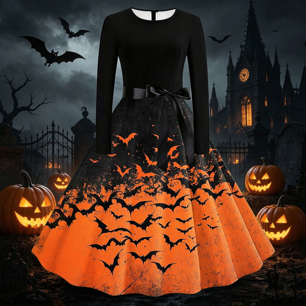 Women's Vintage Halloween Bat Print Swing Dress Long Sleeve 1950s Retro A-Line Midi Dresses with Satin Sash Belt for Gothic Cosplay Evening Prom Party