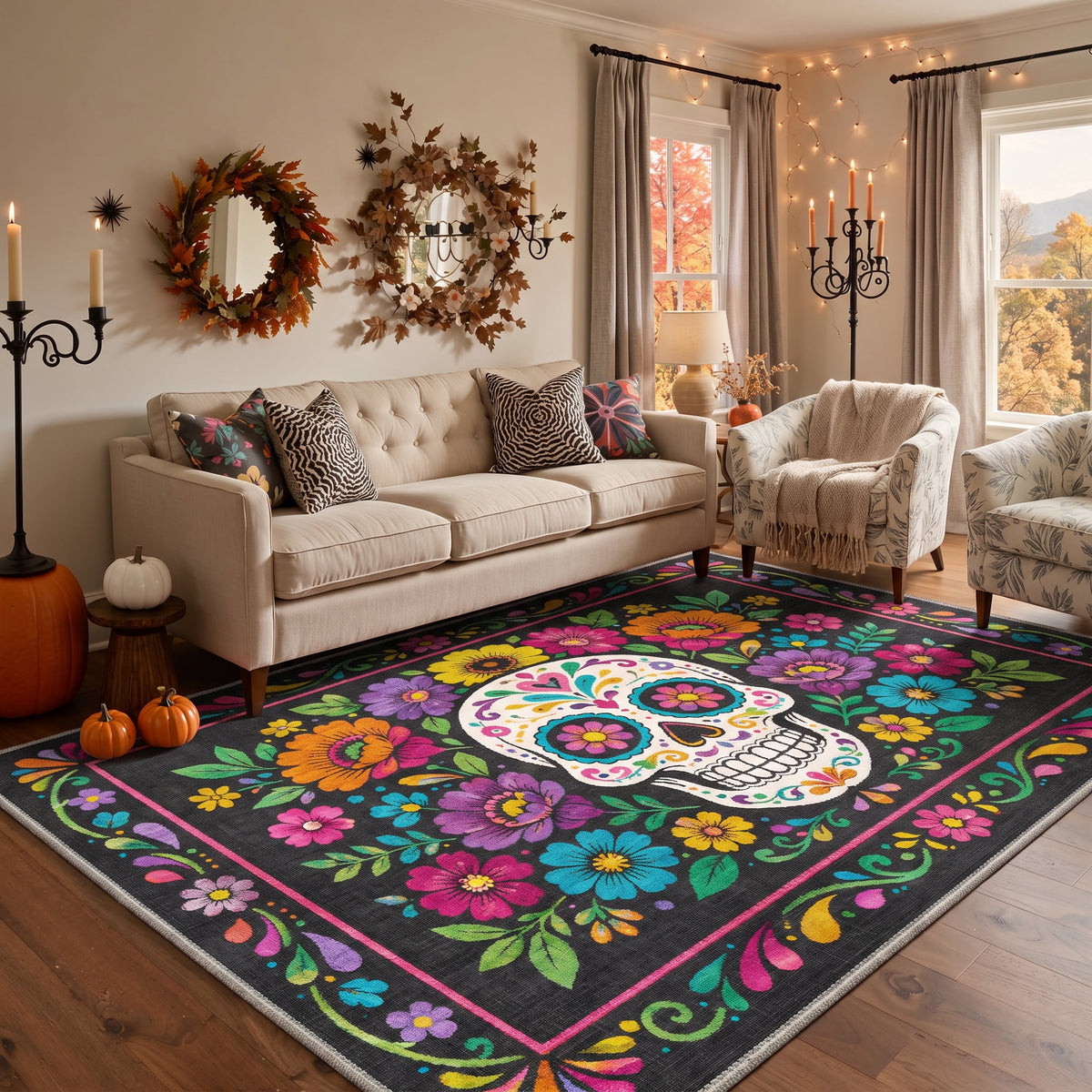 GENIMO 2'x7' Halloween Runner Rug, Washable Non Slip Soft Whimsical Skeleton Indoor Outdoor Hallway Runner for Porch Patio Kitchen Entryway, Charcoal Black