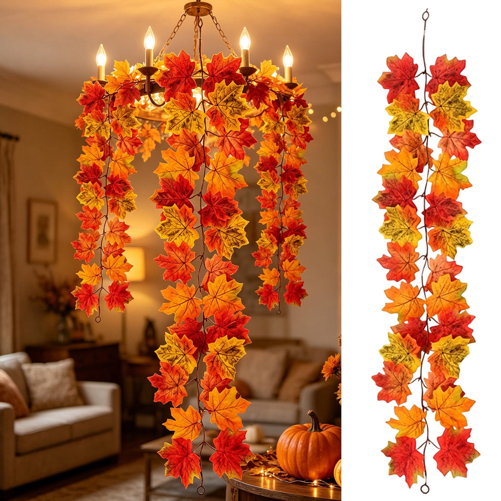 WKSCLPAI Halloween Maple Leaf Garland, Fall Vine Wreaths for Autumn Festivities Decor,Seasonal Garlands for Home,Halloween & Fall Decorations