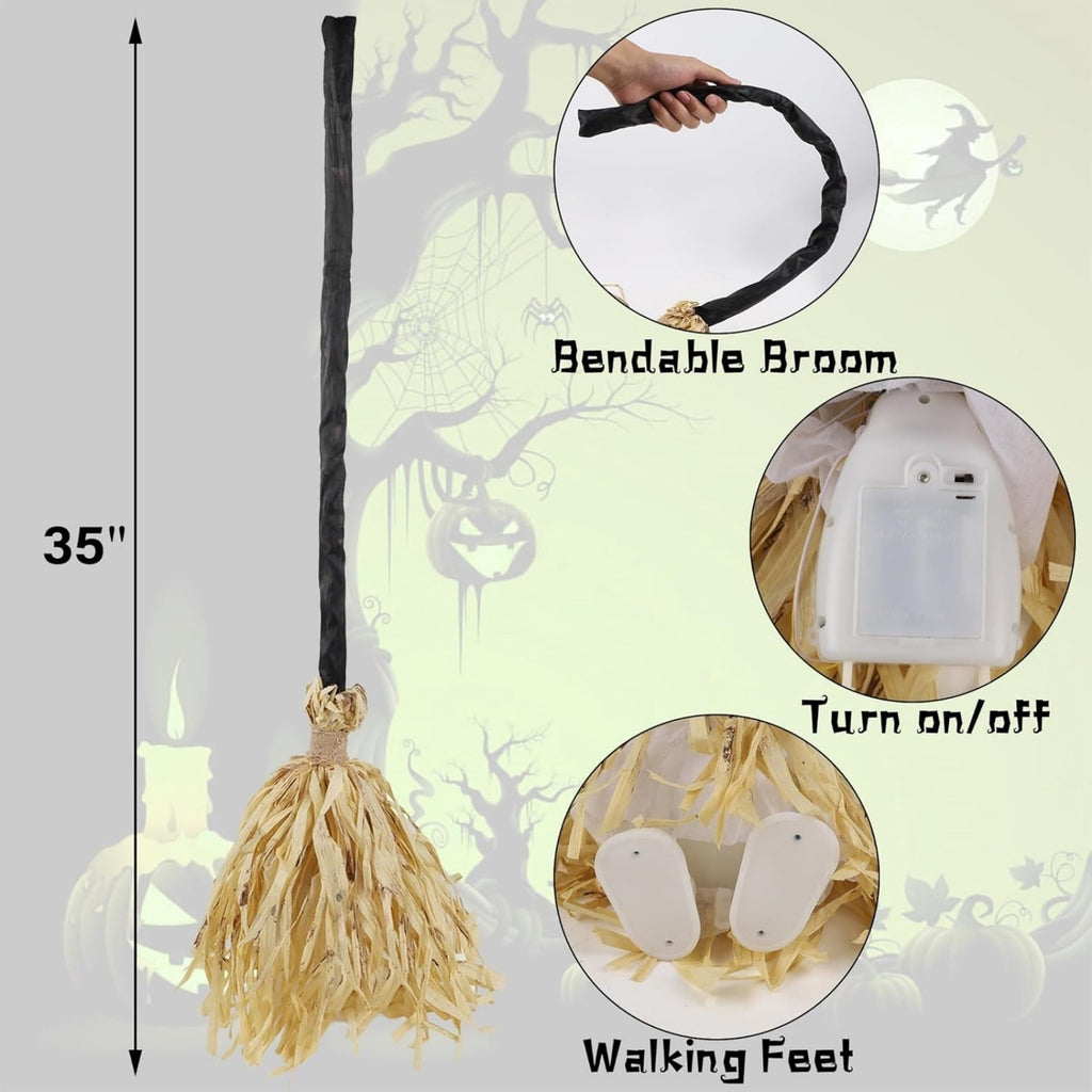 35" Animated Halloween Witch Broom - Light up Dancing Grean Broomstick with Sounds | Halloween Decor for Indoor & Outdoor Porch 1PC