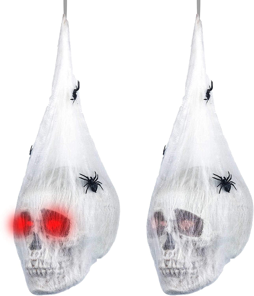Petmoko Halloween Animated Hanging Skulls Head Covered with Spider Webs and Light Up Eyes, Halloween Hanging Decorations, Halloween Party Decorations, Outdoor Lawn Decor, Halloween Wall Hanging Decor