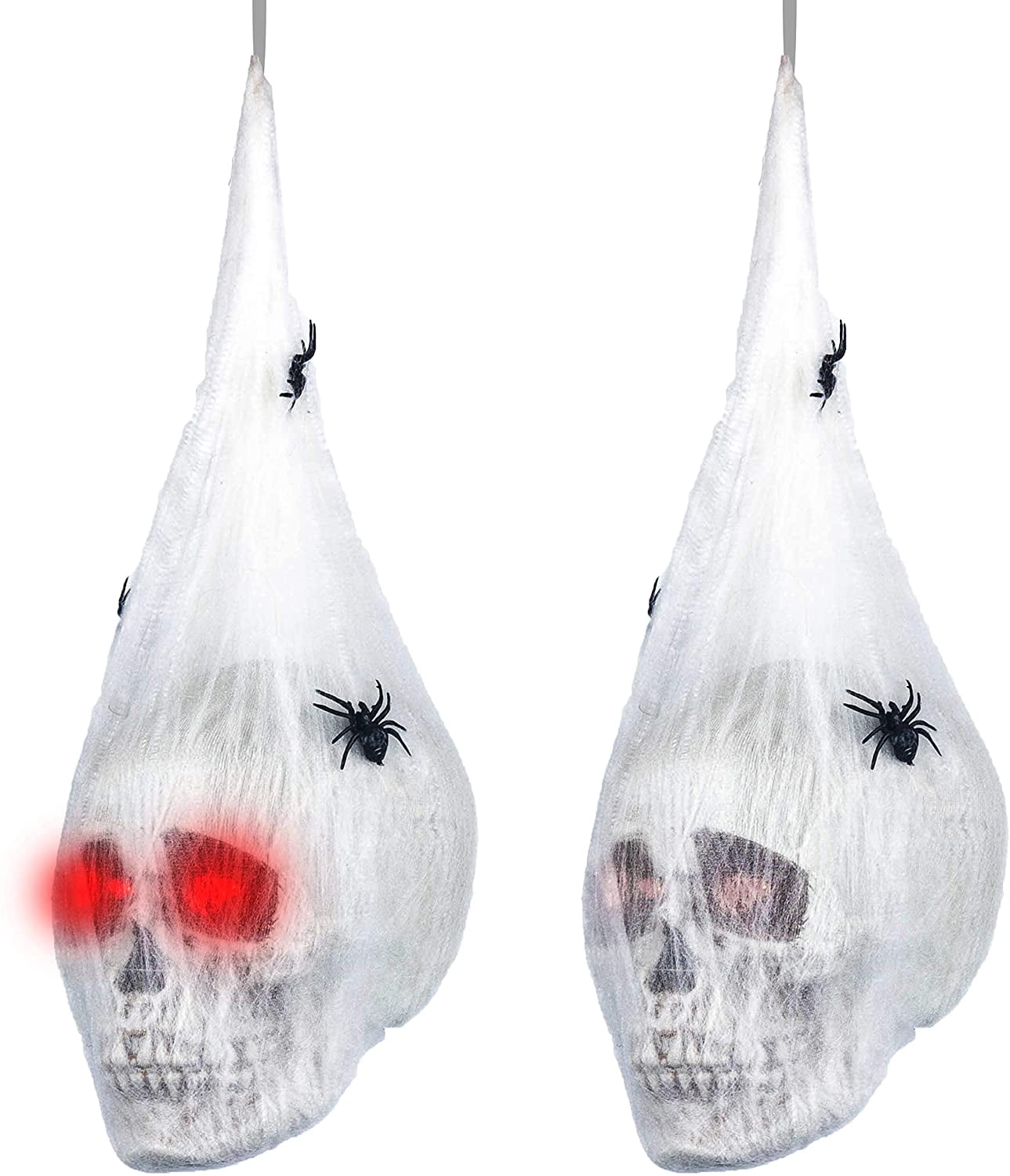 Petmoko Halloween Animated Hanging Skulls Head Covered with Spider Webs and Light Up Eyes, Halloween Hanging Decorations, Halloween Party Decorations, Outdoor Lawn Decor, Halloween Wall Hanging Decor