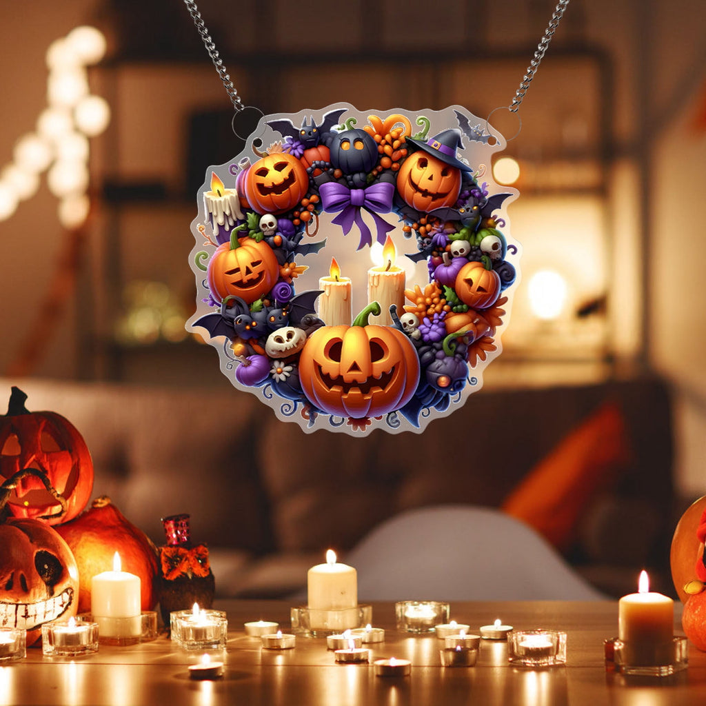 Btomtd Diameter 8" Pumpkin Skull Wreath Halloween Decor Acrylic Round Disk Hanging Ornament with Garland for Front Door Window, A