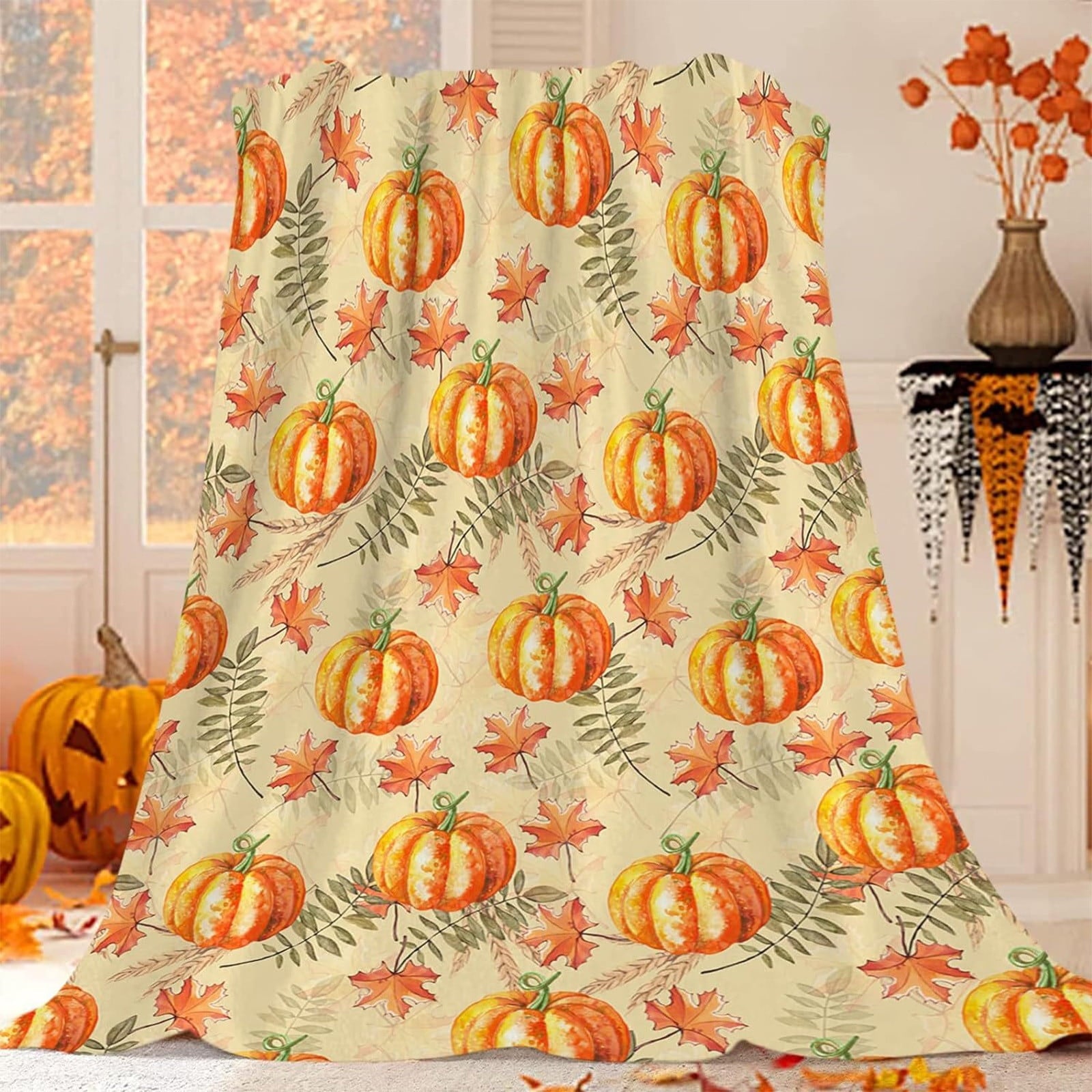 FastXmas Halloween Throw Blanket, 30"x40" Flannel Fleece Pumpkins Maple Checkered Plush Blanket, Soft Lightweight Skin-Friendly Fall Harvest Decorative Throw Blanket for Couch Sofa Bed Outdoor