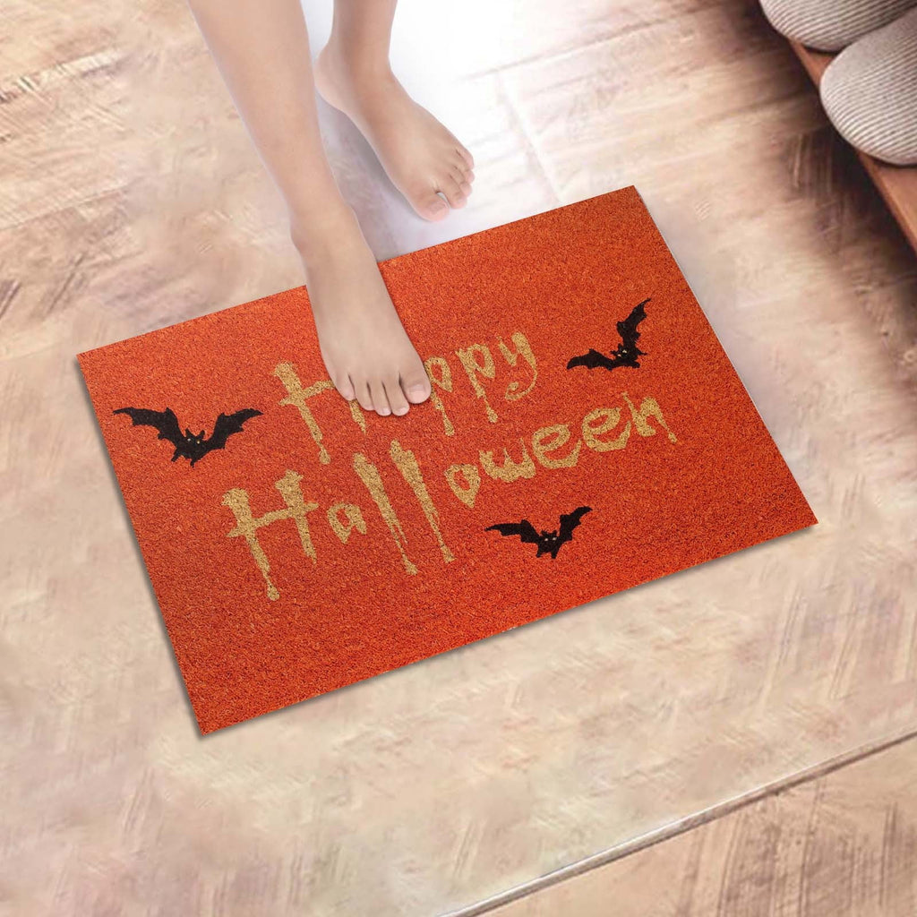 Wovilon Halloween Area Rug Doormat, Black Castle Front Door Mat Non Slip Rubber Backing, Happy Halloween Orange Indoor Outdoor Entrance Mats, Halloween Home Decor Outdoor Rug, 16 X 24 Inches