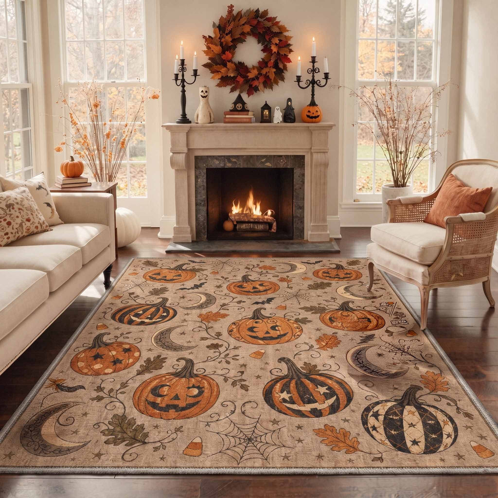 GENIMO 5'x7' Halloween Area Rug for Living Room, Washable Non Slip Soft Farmhouse Pumpkin Indoor Rug for Bedroom Dining Room Home Office, Vintage Sepia